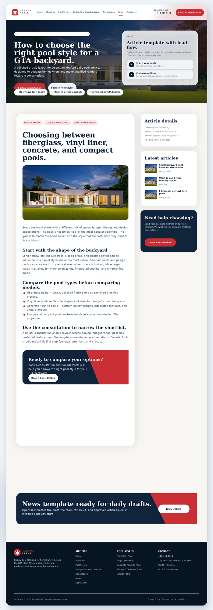 Approved Canada Pools News Article Template mockup